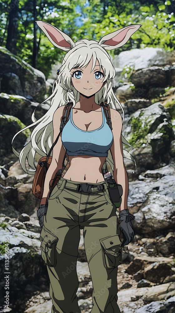 Anime Girl with Rabbit Ears Hiking in a Mountainous Forest. Anime Girl with Rabbit Ears Hiking in a Mountainous Forest.