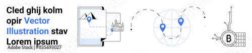 Stacked images, geolocation globe, and blockchain network with Bitcoin symbol and circuit connections. Ideal for technology services, digital marketing, fintech solutions, educational content, app