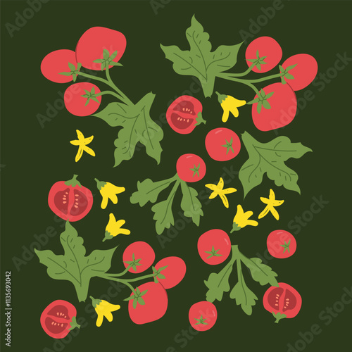 Red tomatoes and green leaves with yellow flowers on dark background.