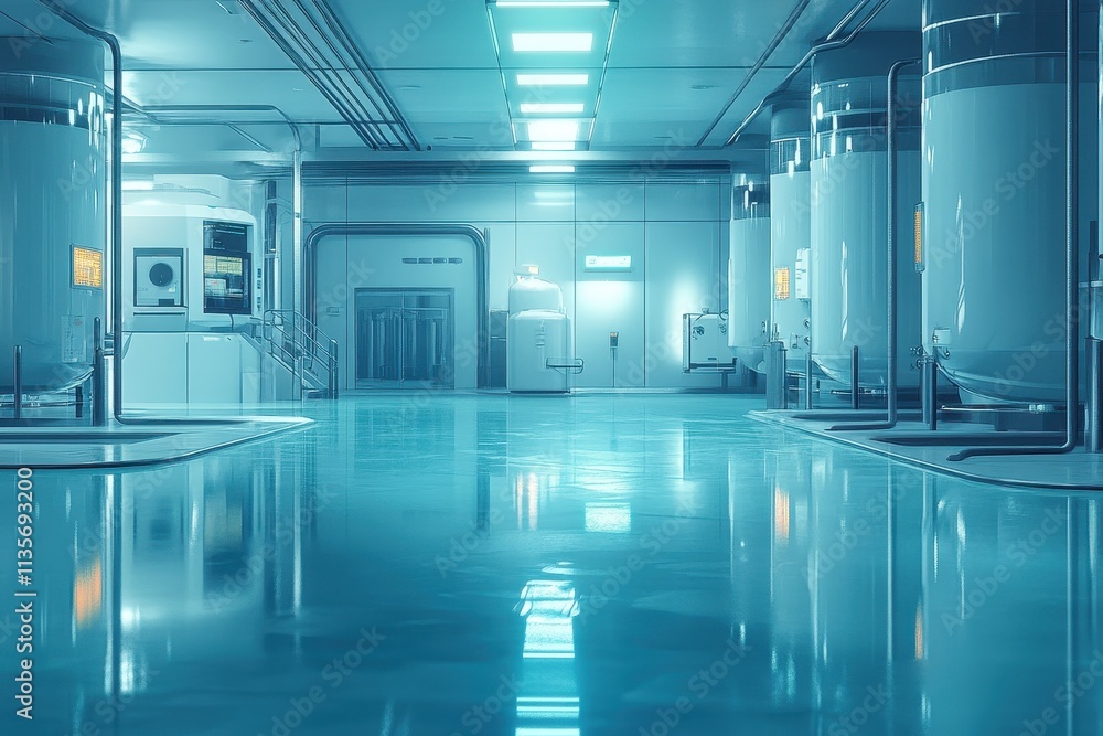 Fototapeta premium Cleanroom with large industrial tanks and polished floors. Ideal for pharmaceutical, biotech, or science concepts.