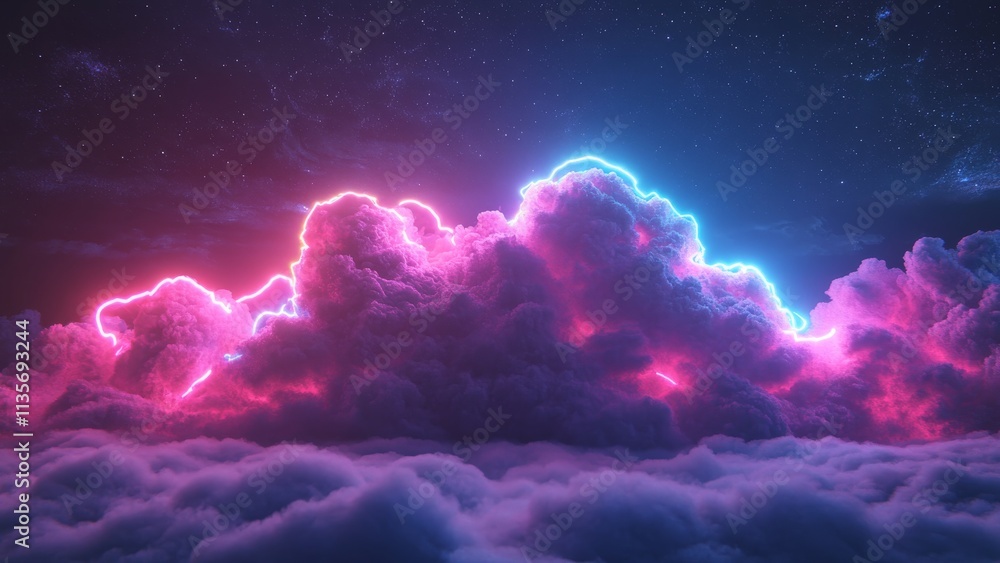 Colorful neon clouds illuminated at night over a starry sky Colorful neon clouds illuminated at night over a starry sky