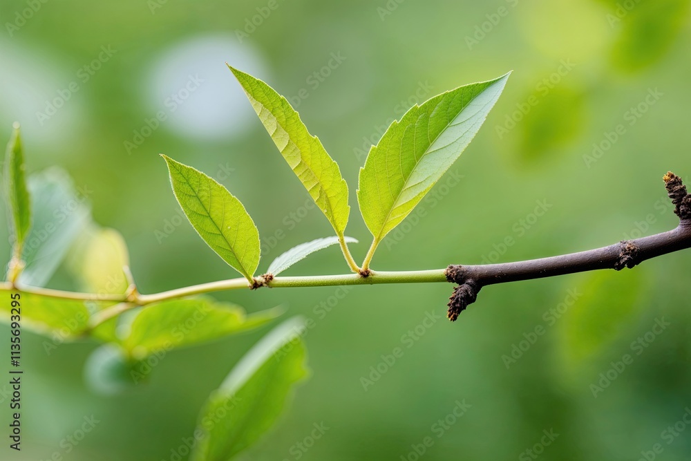 Lush Green Leaves on a Slim Branch in a Vibrant Botanical Setting Lush Green Leaves on a Slim Branch in a Vibrant Botanical Setting
