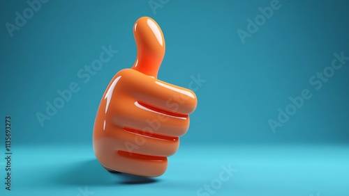 Bright orange thumbs up symbol on a blue background