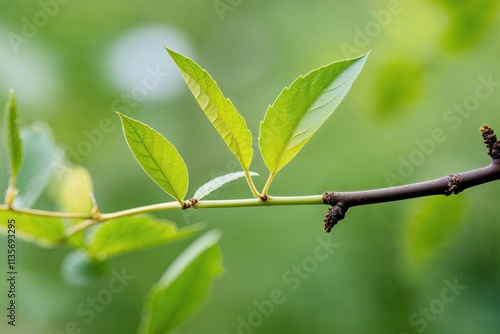 Lush Green Leaves on a Slim Branch in a Vibrant Botanical Setting