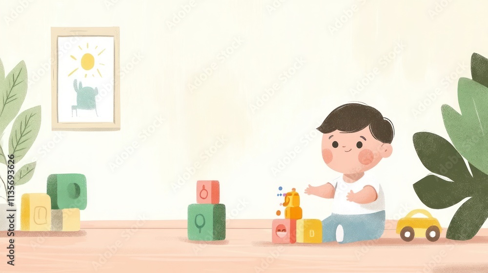 Naklejka premium Toddler boy playing with colorful blocks in a bright room.