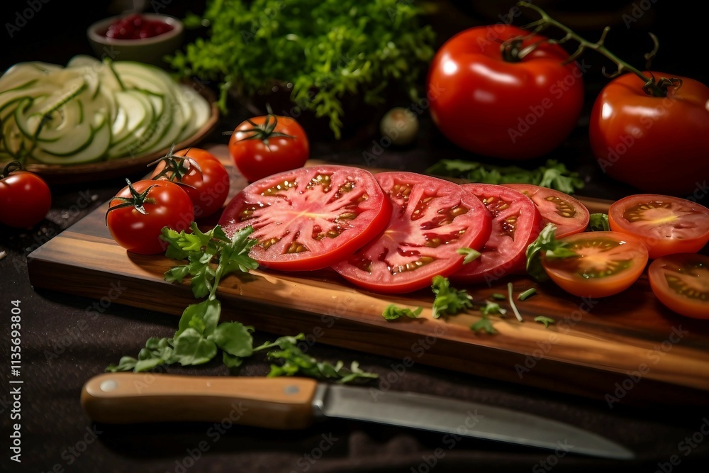 Sliced Tomatoes and Fresh Produce on Wooden Cutting Board Sliced Tomatoes and Fresh Produce on Wooden Cutting Board