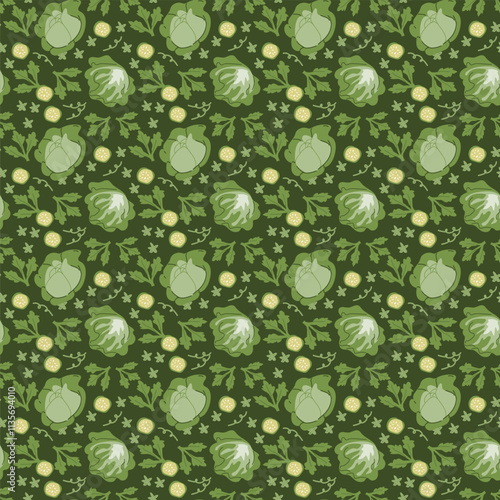 Green cabbage and floral pattern on dark background.