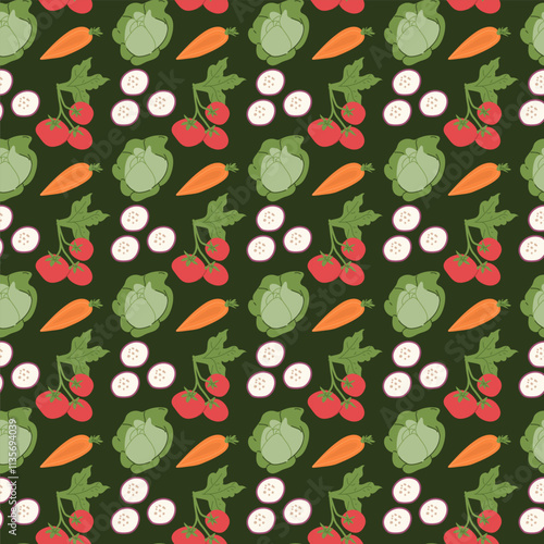 Colorful vegetable pattern with tomatoes, cabbages, carrots, and eggplants on green background.