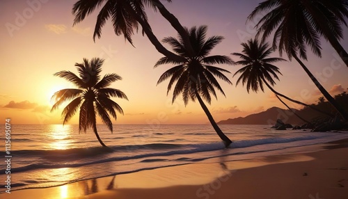Palm tree silhouettes against the setting sun on a tropical beach, island, dusk, silhouette