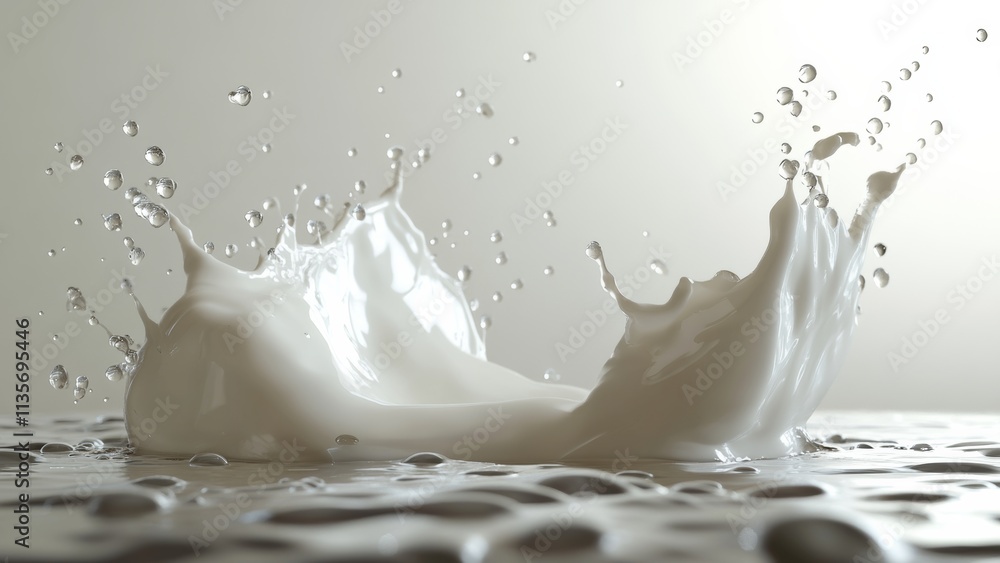Milk splash creating droplets on a flat surface in a bright setting Milk splash creating droplets on a flat surface in a bright setting
