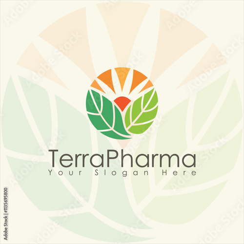 Pharma logo, terra, earth, planet, pharma science and nature of optimum health logo, icon,line art, abstract, minimal, vector design with sun, leaf and light concept which help to cure nature  as well