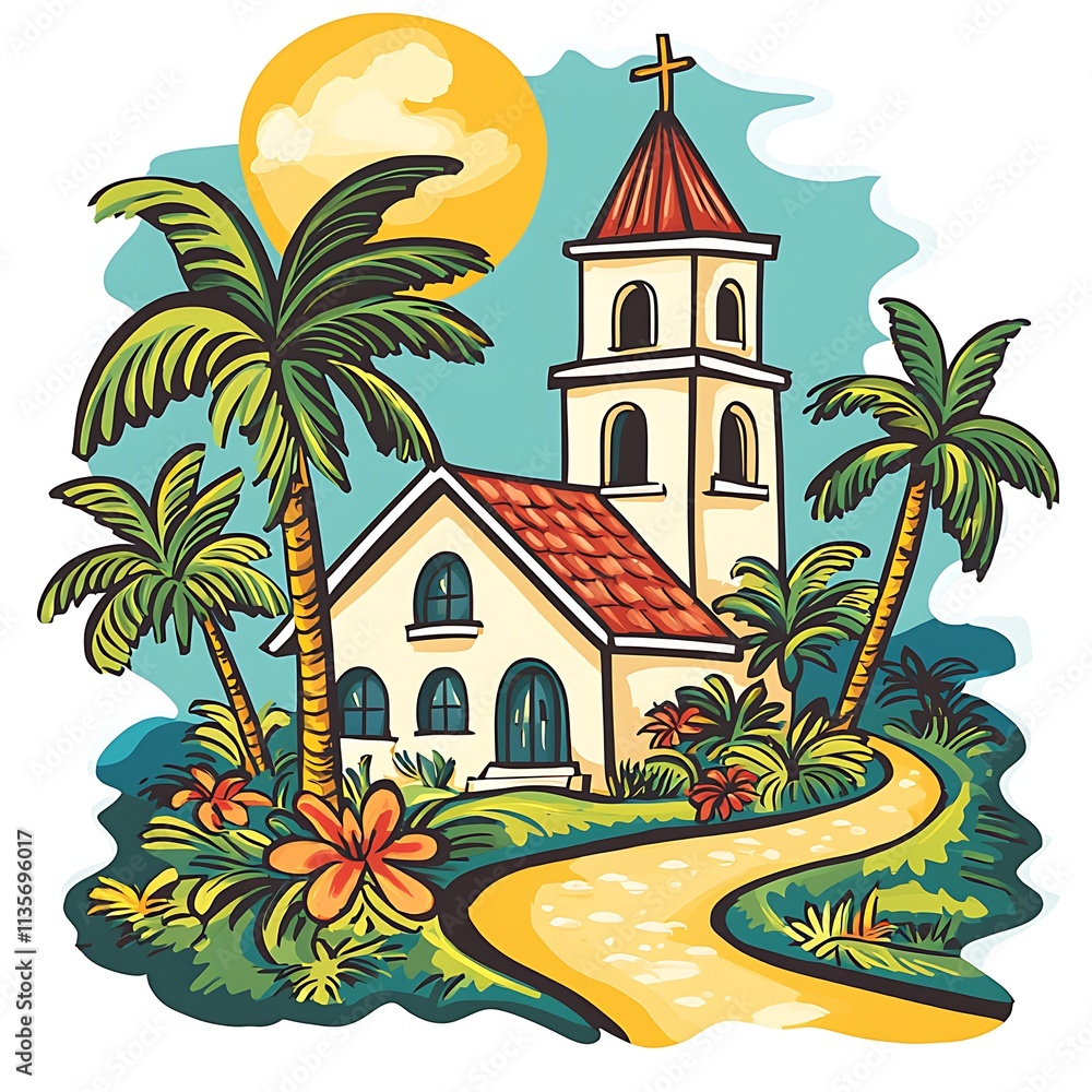 Obraz premium A Tropical Church by a Winding Path, Under a Bright Sun.