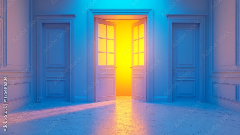 Mysterious doors illuminated by warm light in a serene hallway Mysterious doors illuminated by warm light in a serene hallway