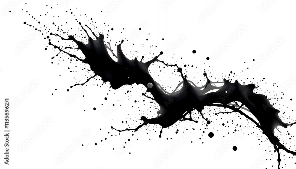 Dramatic Black Ink Splashes against a White Background. A dynamic image of black ink splashing and splattering against a pure white background. Dramatic Black Ink Splashes against a White Background. A dynamic image of black ink splashing and splattering against a pure white background.