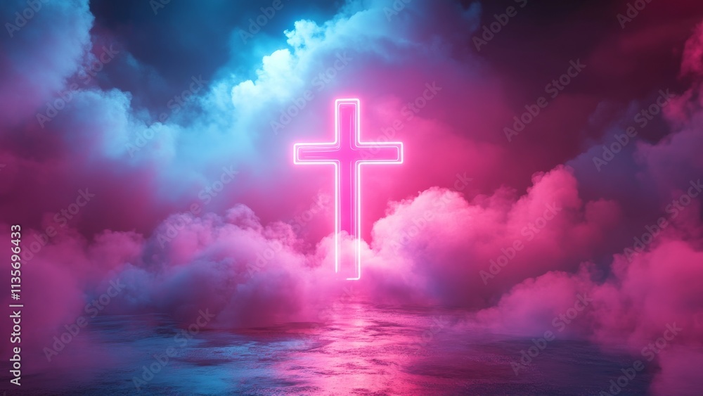 Neon cross illuminated against vibrant clouds at twilight Neon cross illuminated against vibrant clouds at twilight