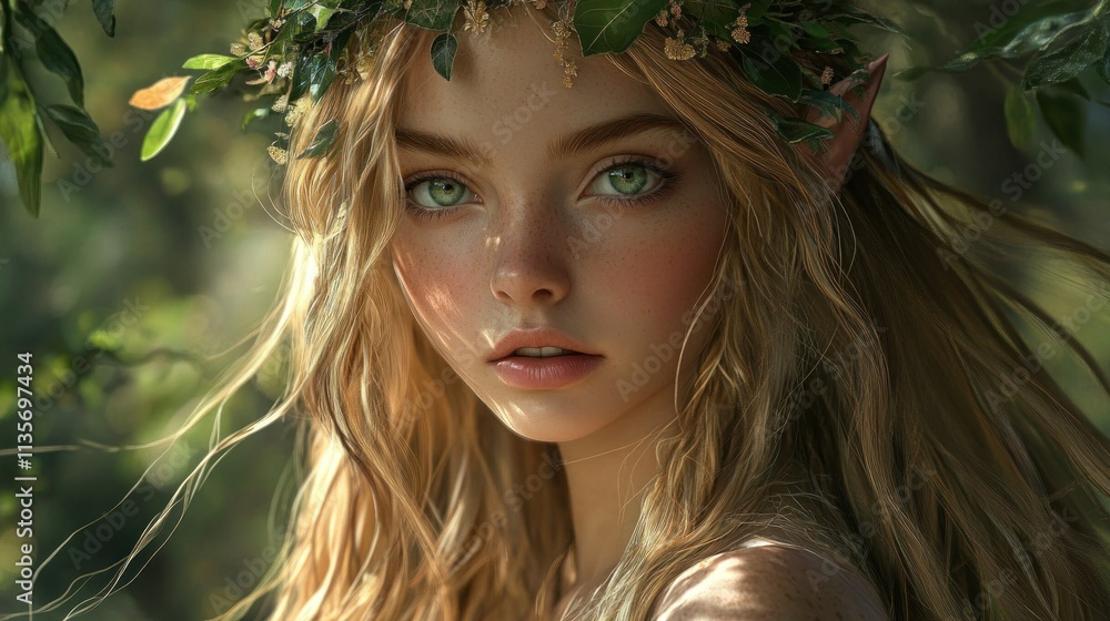An enchanting elf princess with flowing golden hair stands in an enchanted forest wearing a crown of leaves background wallpaper AI generated image An enchanting elf princess with flowing golden hair stands in an enchanted forest wearing a crown of leaves background wallpaper AI generated image