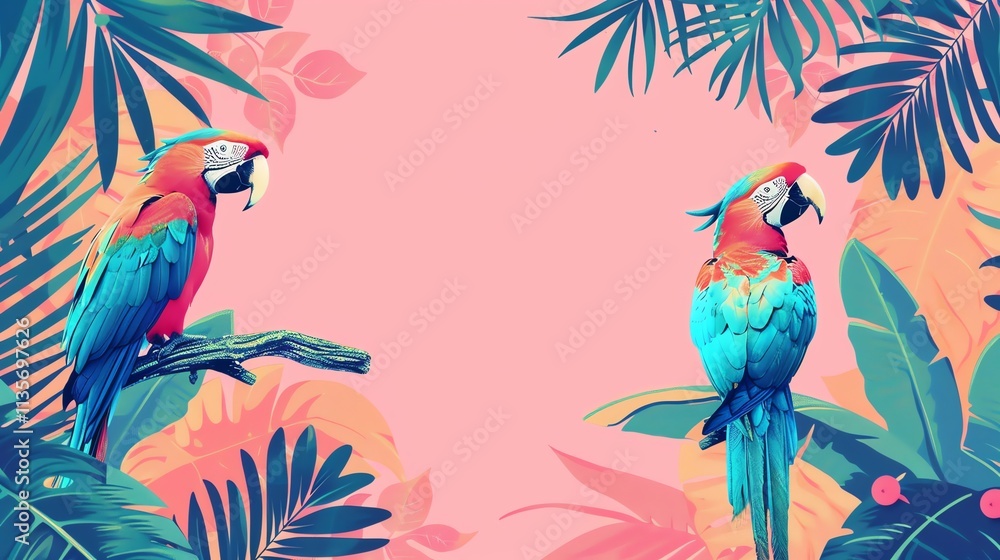 Obraz premium Two parrots on branches with tropical leaves on a pink background.