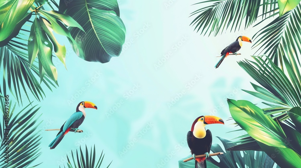 Naklejka premium A tropical background with three toucans and palm leaves.