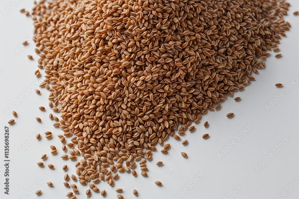 Teff Seeds Cascading on White Background with Depth of Field Effect Teff Seeds Cascading on White Background with Depth of Field Effect