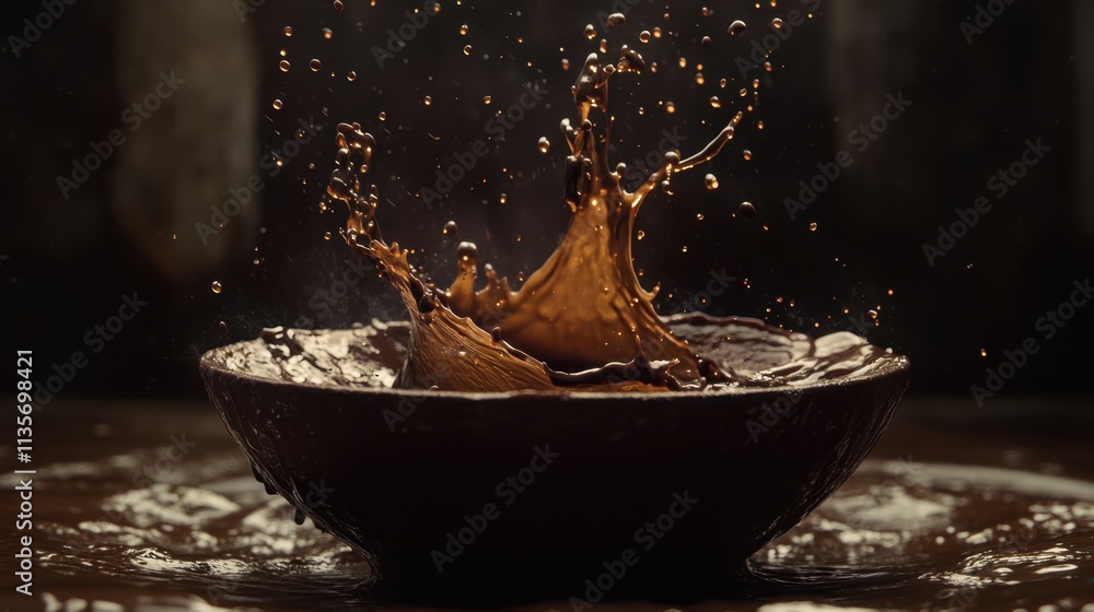 A rich chocolate splash rising dramatically from a bowl, surrounded by silky waves and droplets on a dark background A rich chocolate splash rising dramatically from a bowl, surrounded by silky waves and droplets on a dark background