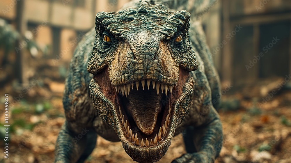 Fototapeta premium Epic Prehistoric Predator: A fearsome dinosaur in a ruined city