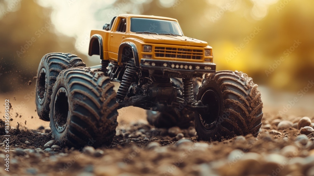 A rugged toy monster truck with oversized wheels, driving through a small pile of dirt and pebbles A rugged toy monster truck with oversized wheels, driving through a small pile of dirt and pebbles