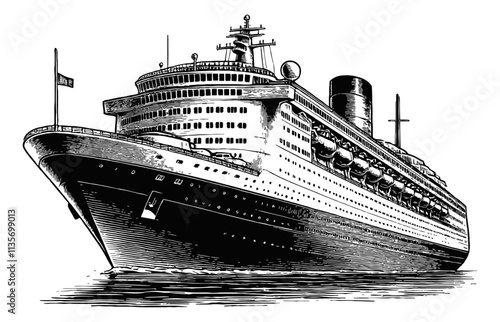 cruise ship engraving black and white outline