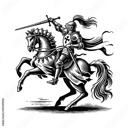 medieval knight on a rearing horse engraving black and white outline