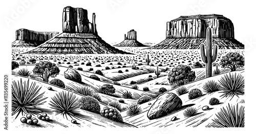 Monument Valley desert landscape engraving black and white outline
