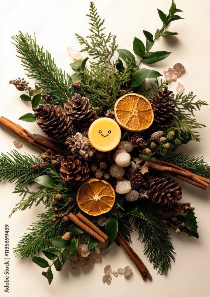 Celebrate the holiday spirit with this vibrant arrangement of pinecones, dried oranges, and greenery, highlighted by a cheerful yellow candle, creating a warm and inviting atmosphere. Celebrate the holiday spirit with this vibrant arrangement of pinecones, dried oranges, and greenery, highlighted by a cheerful yellow candle, creating a warm and inviting atmosphere.