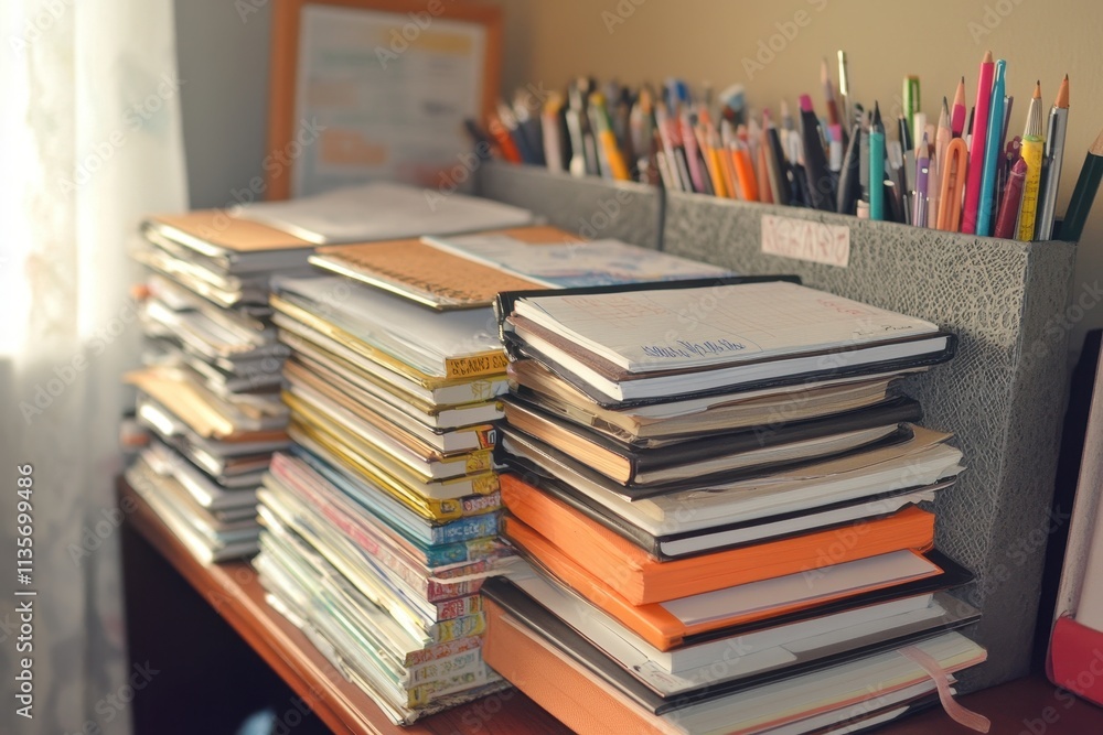 High stacks of notebooks and sketchbooks near colorful pencils. Illustrates organization, creativity, and productivity in a workspace. High stacks of notebooks and sketchbooks near colorful pencils. Illustrates organization, creativity, and productivity in a workspace.