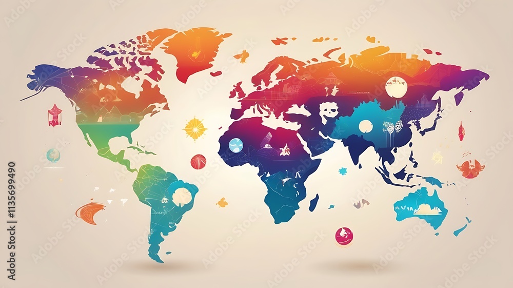 Naklejka premium Colorful World Map Illustrating Global Landmarks and Cultures