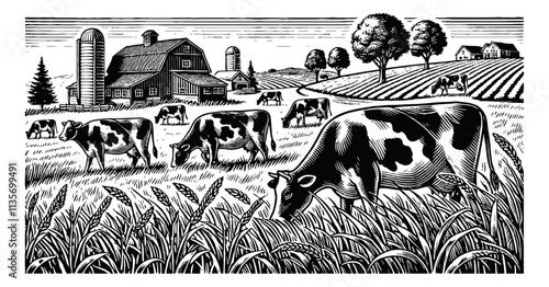 dairy cows grazing in a field landscape engraving black and white outline