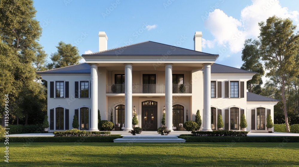 Fototapeta premium A grand, modern mansion with columns and landscaped grounds.