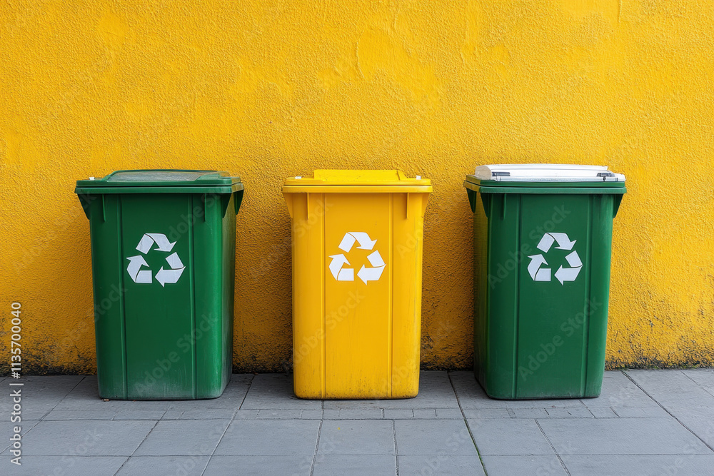 Fototapeta premium Three green and yellow trash bins on a sidewalk.