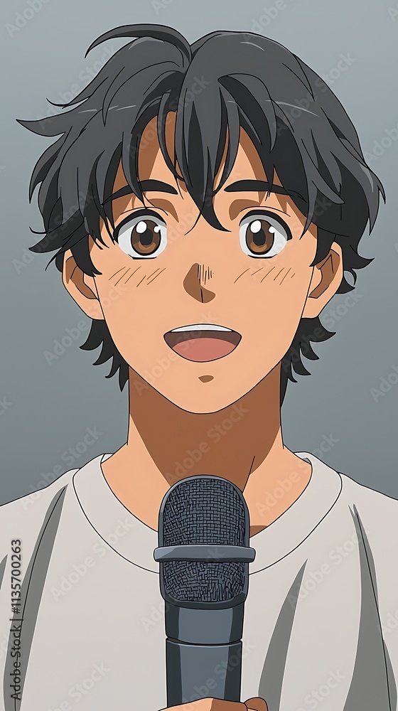 Anime-style illustration of a young man holding a microphone, ready to sing or speak. Anime-style illustration of a young man holding a microphone, ready to sing or speak.