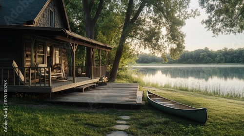 Fototapeta Naklejka Na Ścianę i Meble -  Rustic cabin by lake at sunrise.
