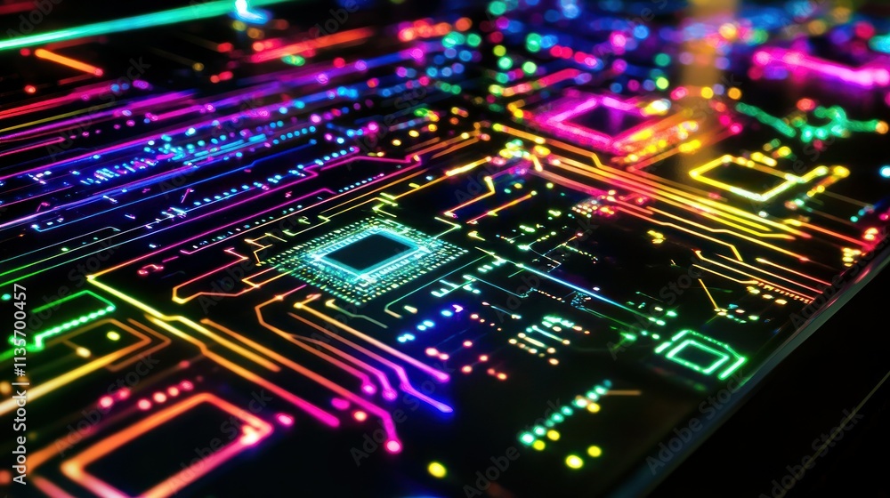 Digital background of rainbow neon circuits glowing microchip patterns and complex data flow wallpaper AI generated image Digital background of rainbow neon circuits glowing microchip patterns and complex data flow wallpaper AI generated image