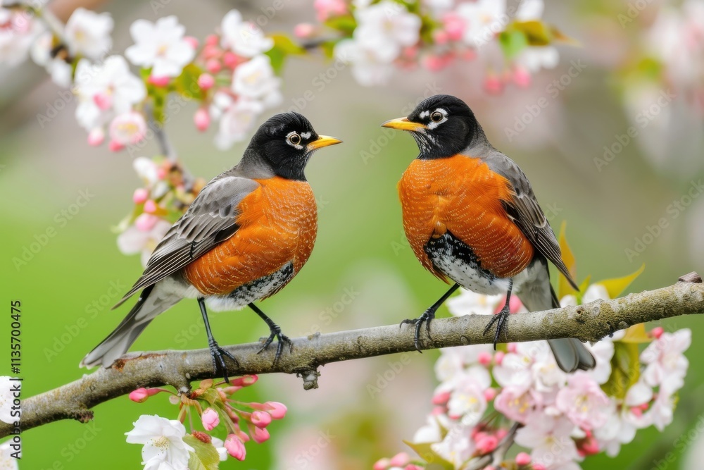 Spring dawn breaks as two birds flutter amidst the colorful flowers in a serene garden. Spring dawn breaks as two birds flutter amidst the colorful flowers in a serene garden.