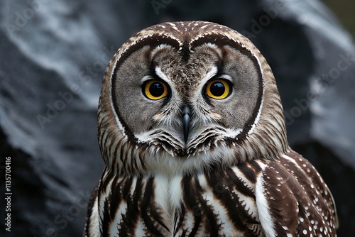 Stunning Close-up Portrait of Enigmatic Northern Saw-whet Owl with Intricate Details Against Dark Obsidian Background photo