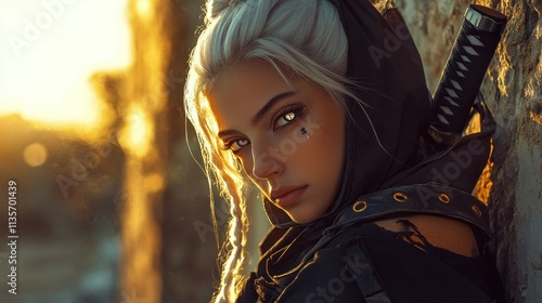 A ninja princess with white hair tied in a braid under a hood. He leaned against the stone wall, the warm light of the setting sun background wallpaper AI generated image