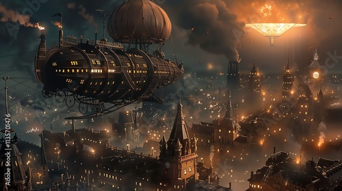 A steampunk city at night with an airship flying overhead and a glowing orb in the sky.