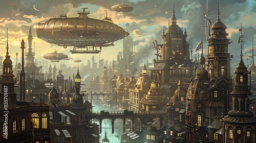 An illustration of a steampunk city with airships flying overhead.
