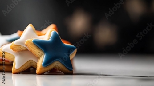 Delicious Star-Shaped Sugar Cookies with Blue, White, and Orange Icing photo