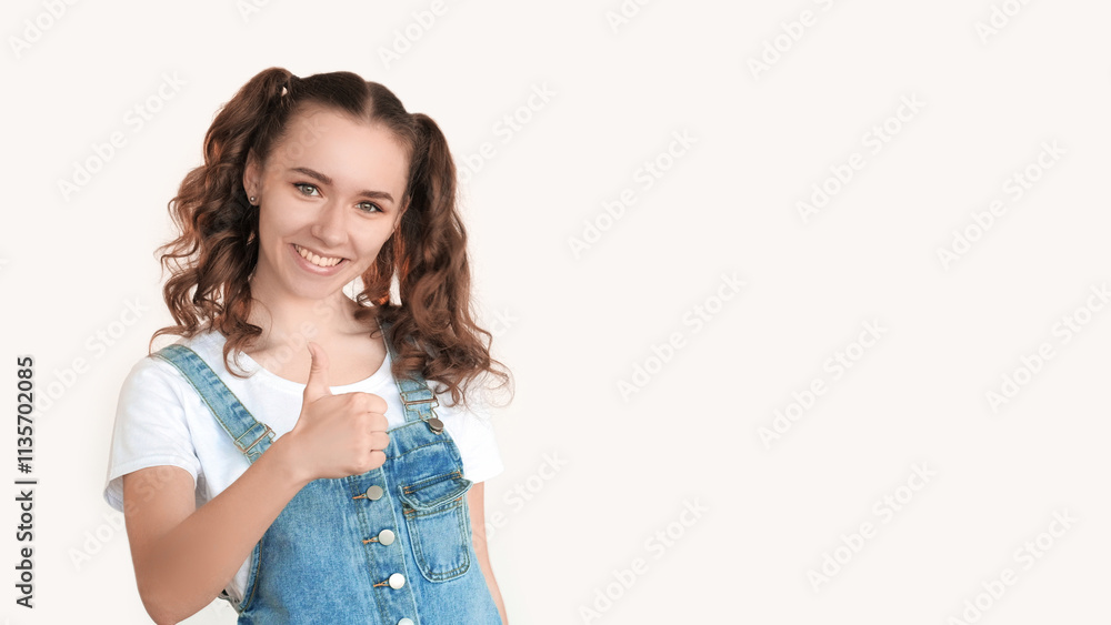 Super idea. Congrats sign. Amused excited happy beautiful teen girl showing thumbs up smiling isolated on white copy space background. Super idea. Congrats sign. Amused excited happy beautiful teen girl showing thumbs up smiling isolated on white copy space background.