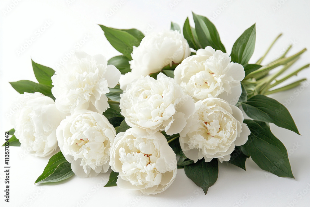 White peonies on a white background, elegant and pure.