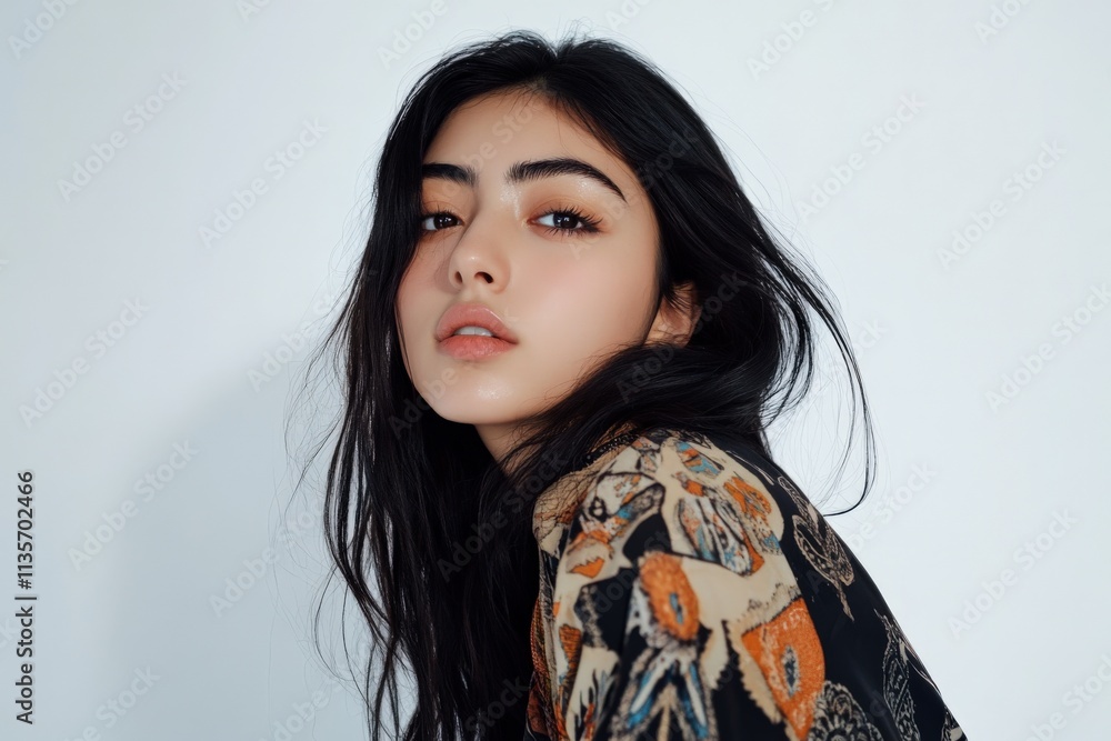 Elegant Portrait of a Young Woman with Long Hair in a Stylish Patterned Top Elegant Portrait of a Young Woman with Long Hair in a Stylish Patterned Top
