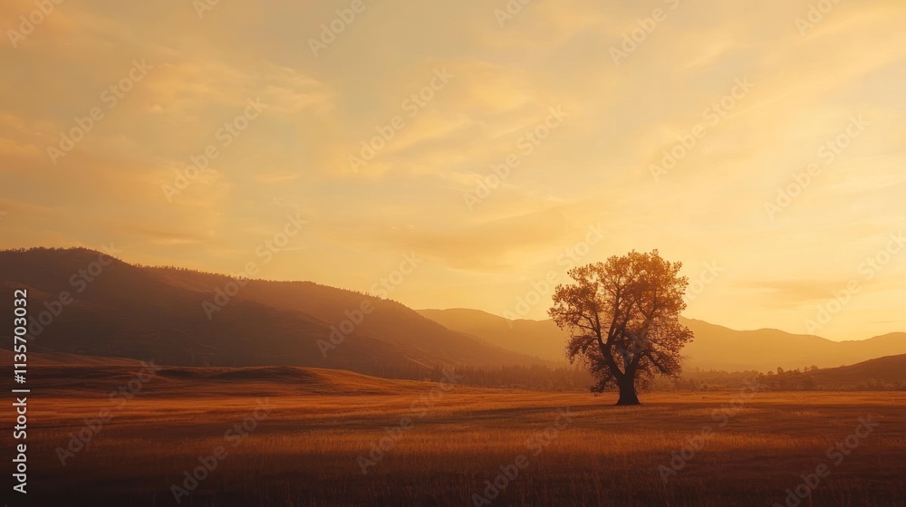 Solitary tree in a vast field at sunset, mountains in the background. Solitary tree in a vast field at sunset, mountains in the background.