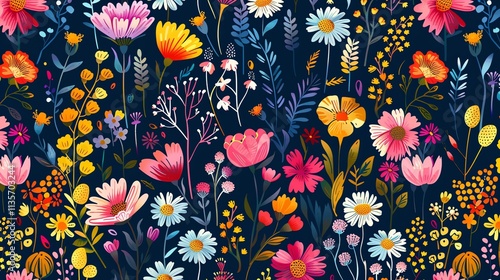Wallpaper Mural A seamless pattern of colorful flowers and leaves on a dark background. Torontodigital.ca