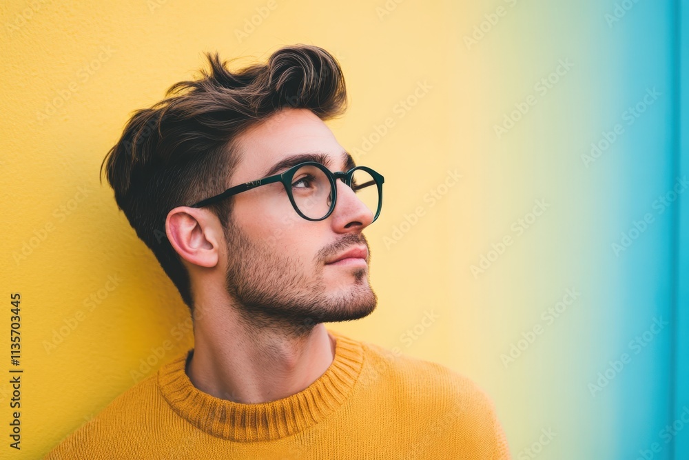 Stylish Young Man in Glasses Against a Vibrant Yellow Background Stylish Young Man in Glasses Against a Vibrant Yellow Background